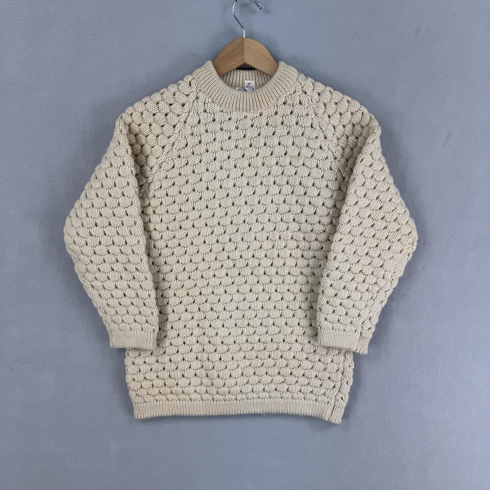 Vintage Sweater Womens XS Cream 100% Wool Chunky Textured Knit Raglan Pullover